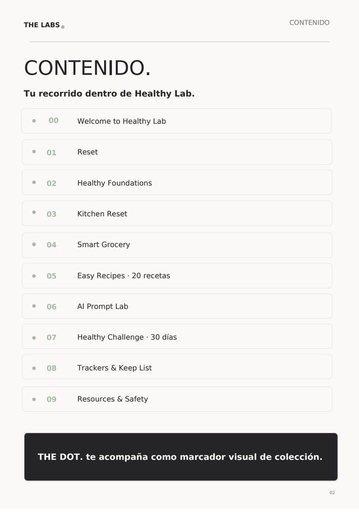 Tabla de contenido real de Healthy Lab