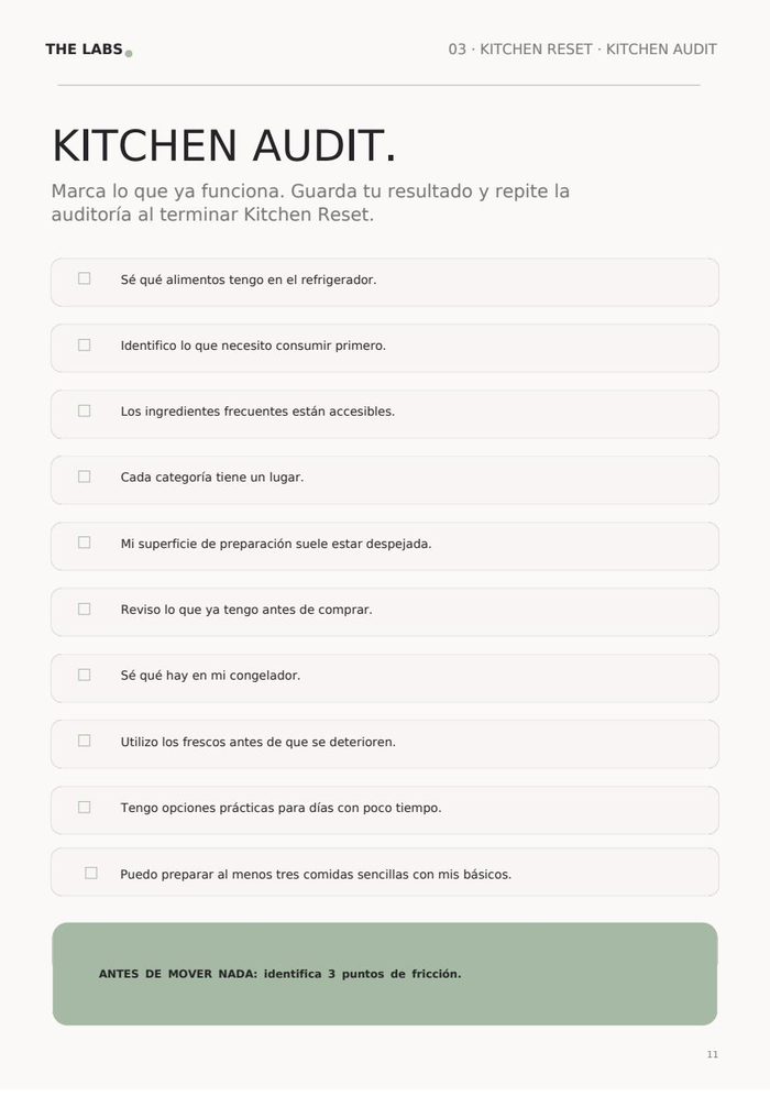 Página real de Kitchen Audit dentro de Healthy Lab, checklist de diagnóstico de cocina